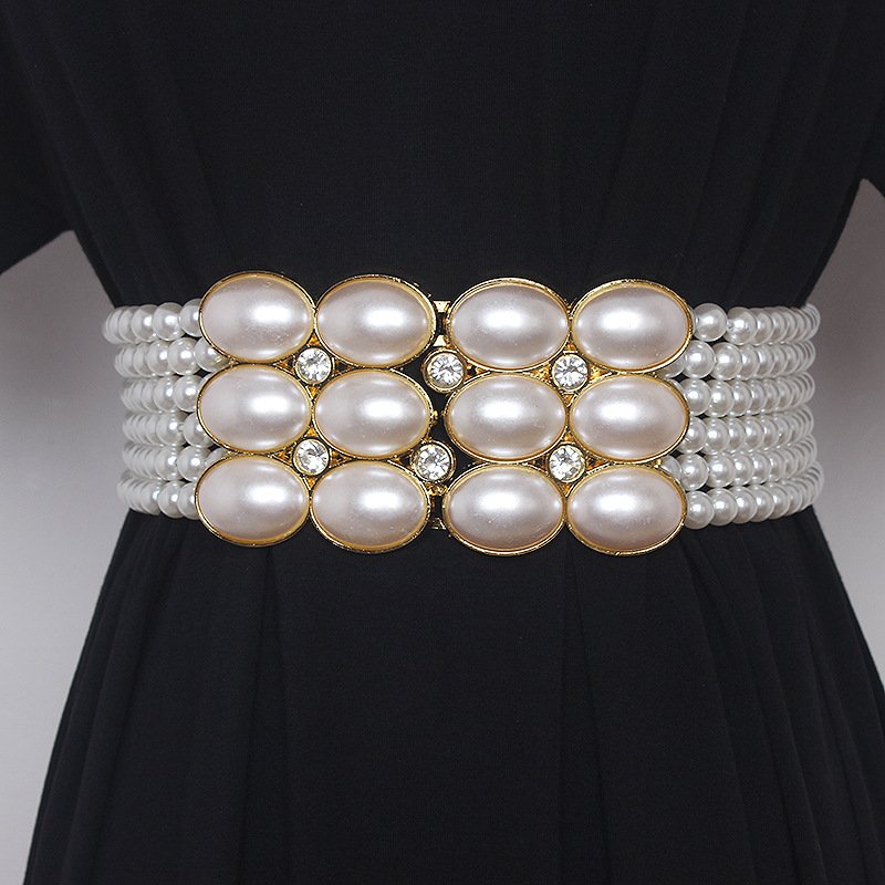Luxury Retro Full Pearl Diamond Buckle Elastic Wid Waist Chain Women Pearl Belt