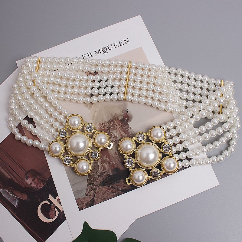 Luxury Retro Full Pearl Diamond Buckle Elastic Wid Waist Chain Women Pearl Belt