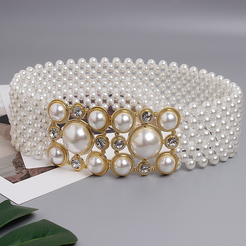 Luxury Retro Full Pearl Diamond Buckle Elastic Wid Waist Chain Women Pearl Belt