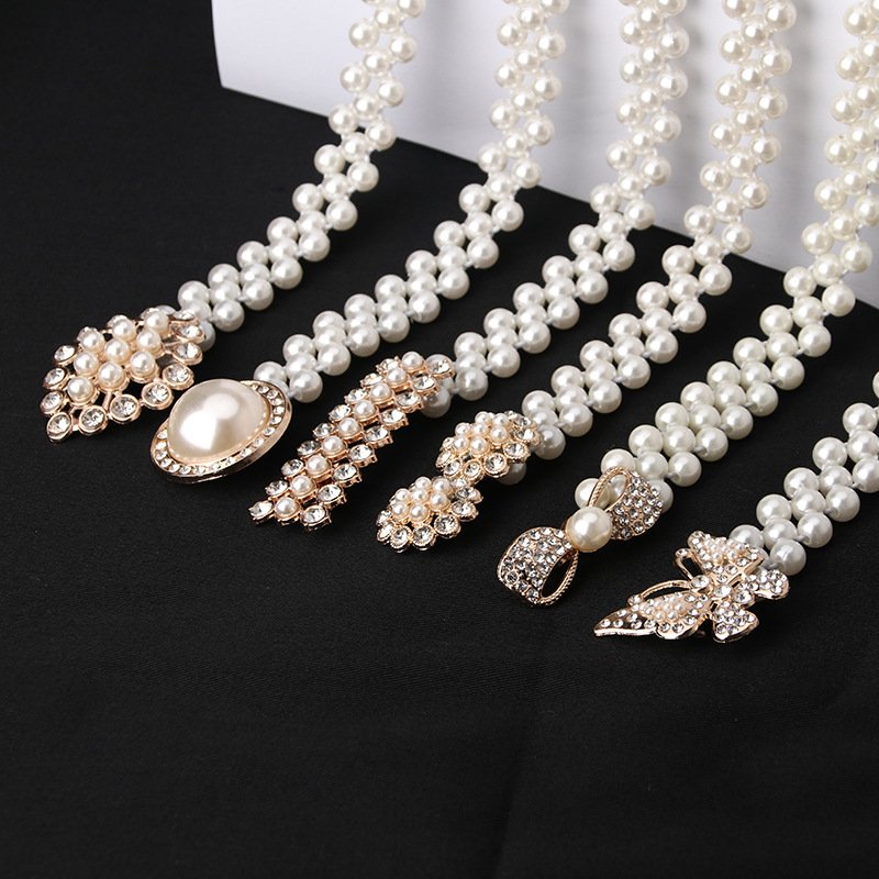 Fashion elegant pearl waist chain inlaid rhinestone dress decorative belt women designer belts designer belt for-women