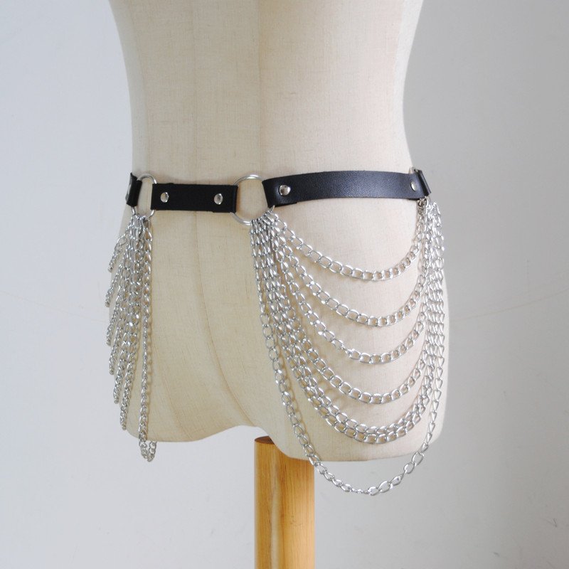 Punk Sexy Metal Layered Waist Chain Lady Black Leather Belt Belly Chain Harness Raver Dance Body Jewelry