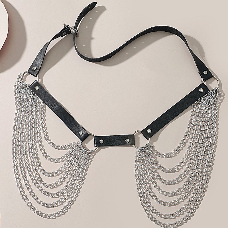 Punk Sexy Metal Layered Waist Chain Lady Black Leather Belt Belly Chain Harness Raver Dance Body Jewelry