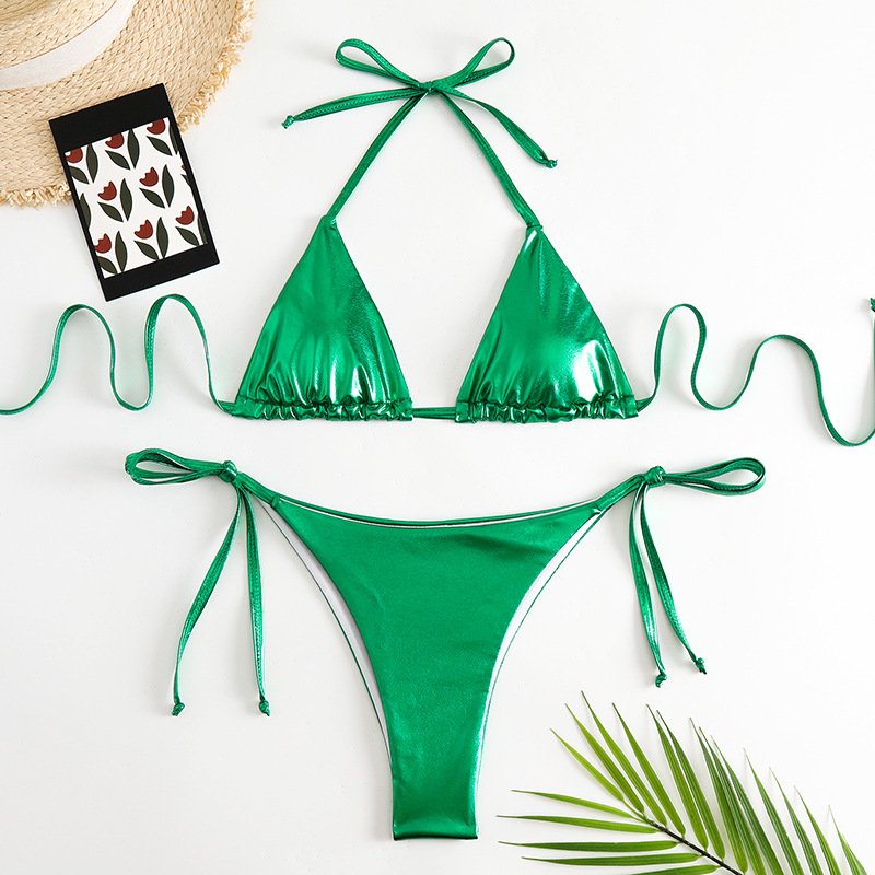 STOCK 10Colors Triangle Top Basic Metallic Swimwear Ties Details Gold Bikini Set