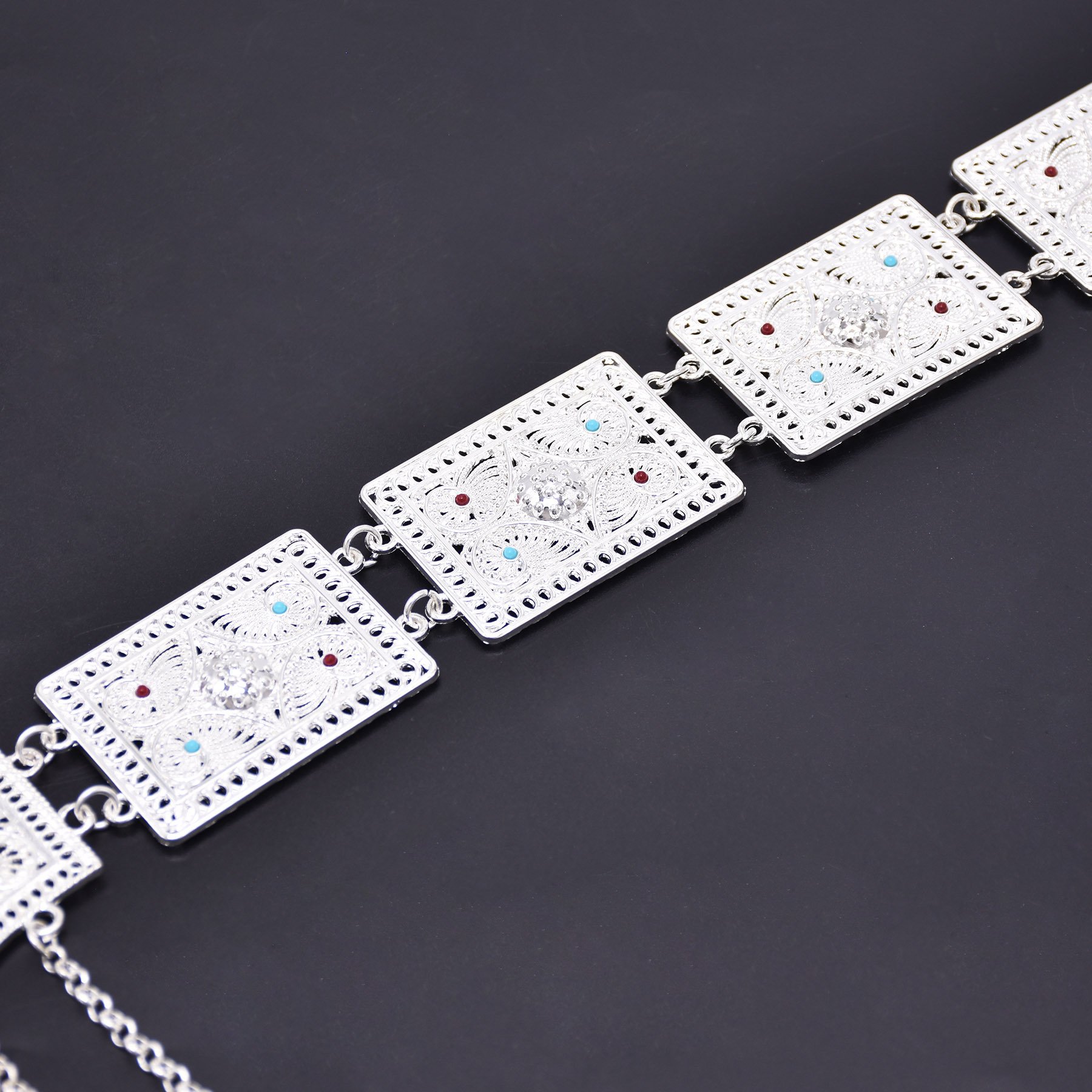 Assyrian Empire Flag Belt Women Accessories Coin Tassels Bright Silver Women's Body Jewelry Waistband