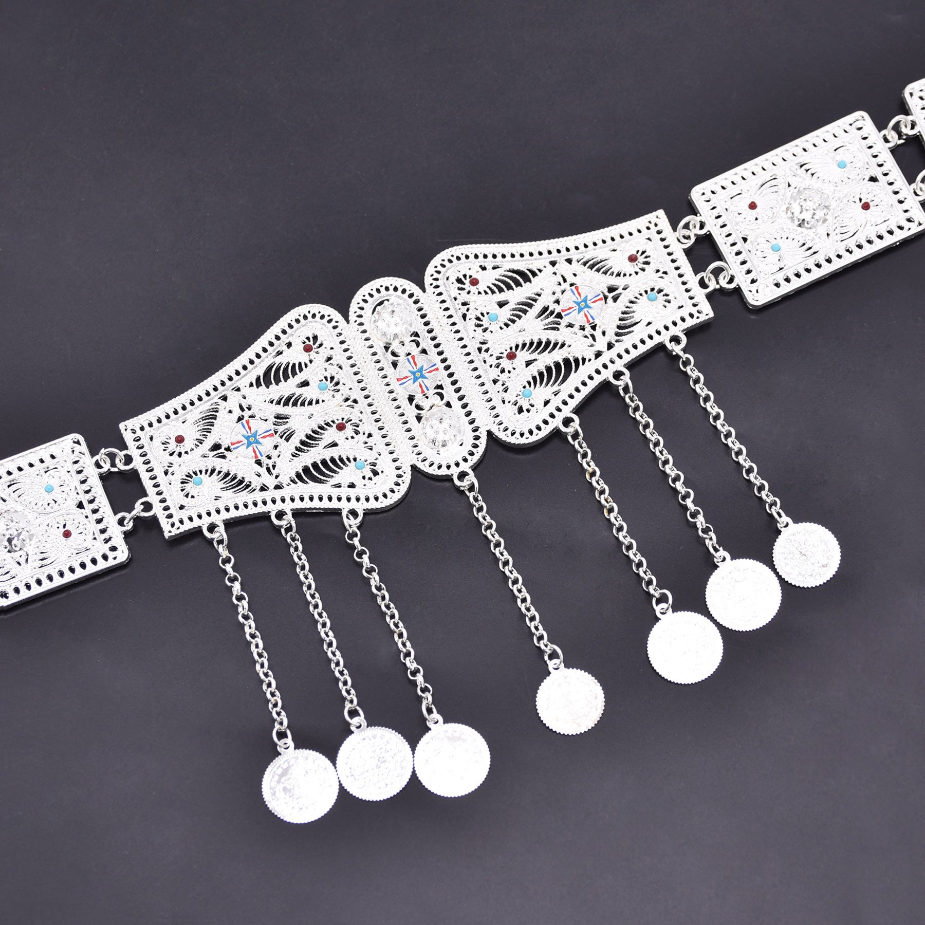 Assyrian Empire Flag Belt Women Accessories Coin Tassels Bright Silver Women's Body Jewelry Waistband