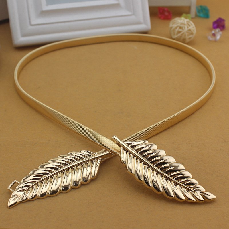Designer New Elastic Metal Chain Waistband Elastic Waist Belt Stretch Metal Dress Golden Leaf Chains Belt for Women Girl