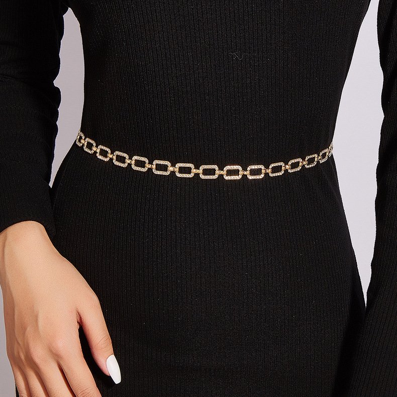 New Fashion Women's Rhinestone Metal Slim Chain Versatile Dress Accessories Trendy Bright Bride Bling Waist Belt