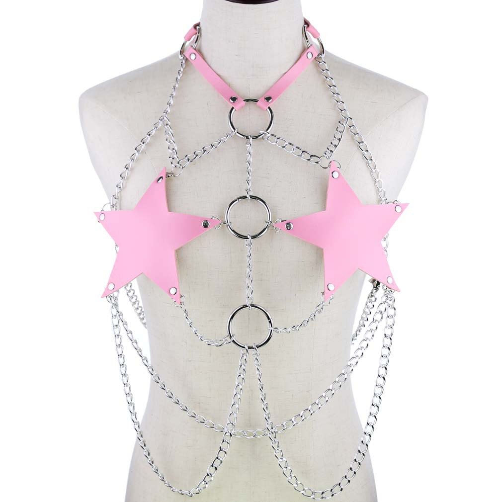 Punk Sexy Women PU Leather Star Pentagram Chain Harness Rave Festival Sexy Body Chain Chest Harness