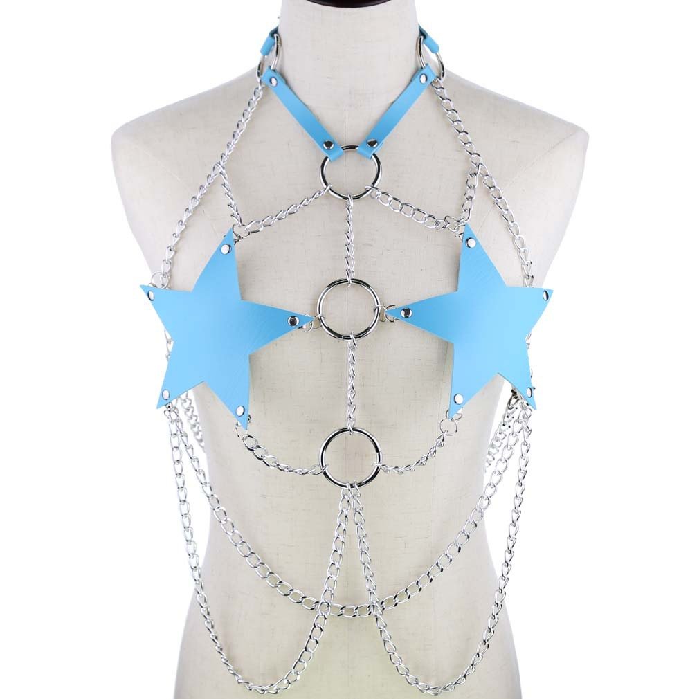 Punk Sexy Women PU Leather Star Pentagram Chain Harness Rave Festival Sexy Body Chain Chest Harness