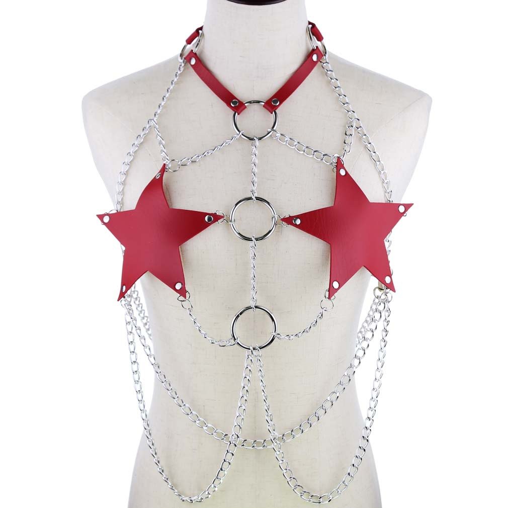 Punk Sexy Women PU Leather Star Pentagram Chain Harness Rave Festival Sexy Body Chain Chest Harness