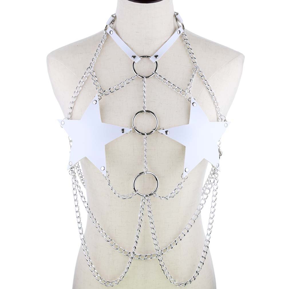 Punk Sexy Women PU Leather Star Pentagram Chain Harness Rave Festival Sexy Body Chain Chest Harness