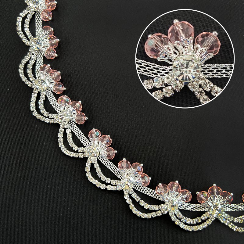 Colorful Flower Embroidery Crystal Chain Rhinestones Trimming Flatback Sew-On Accessories for Wedding Belts Bags Garments