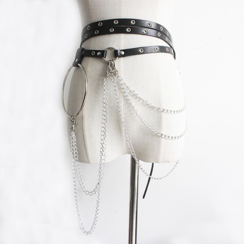 Wholesale Women Plus Size Punk Waist Chain Belt Adjustable Black Body Chain PU Leather Sexy Belt for Woman