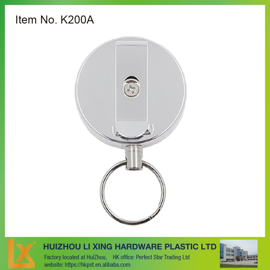 Heavy duty metal retractable key holder with chain, wire cord, nylon and belt clip