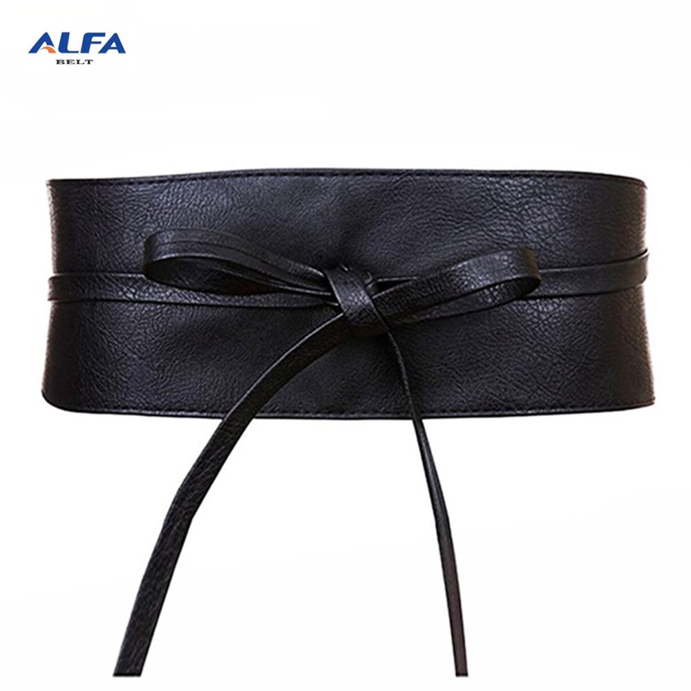 Alfa Women's Faux Leather Wrap Around Obi Style Cinch Waistband Black Cummerbund Brown Women Belt