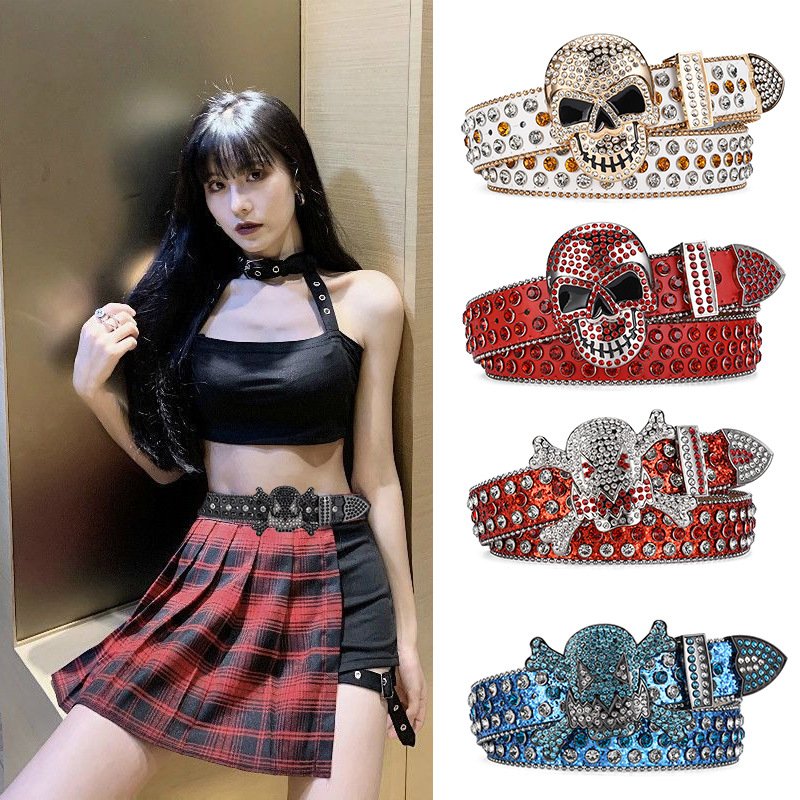 Big skull Western Diamond Crystal Belt men inlaid rhinestone belt personalized trend hip-hop punk style fashion belts for ladies