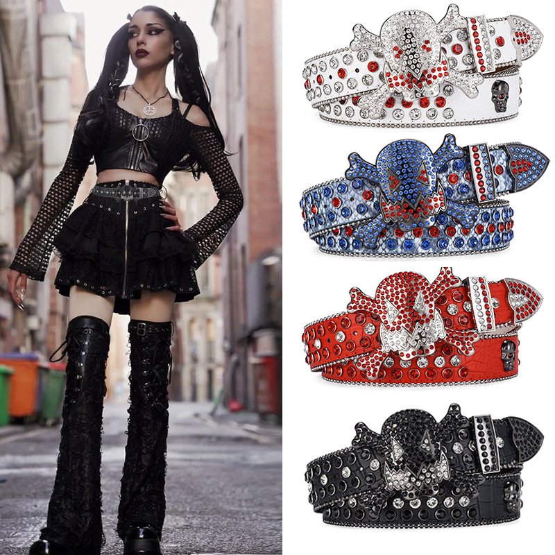 Big skull Western Diamond Crystal Belt men inlaid rhinestone belt personalized trend hip-hop punk style fashion belts for ladies