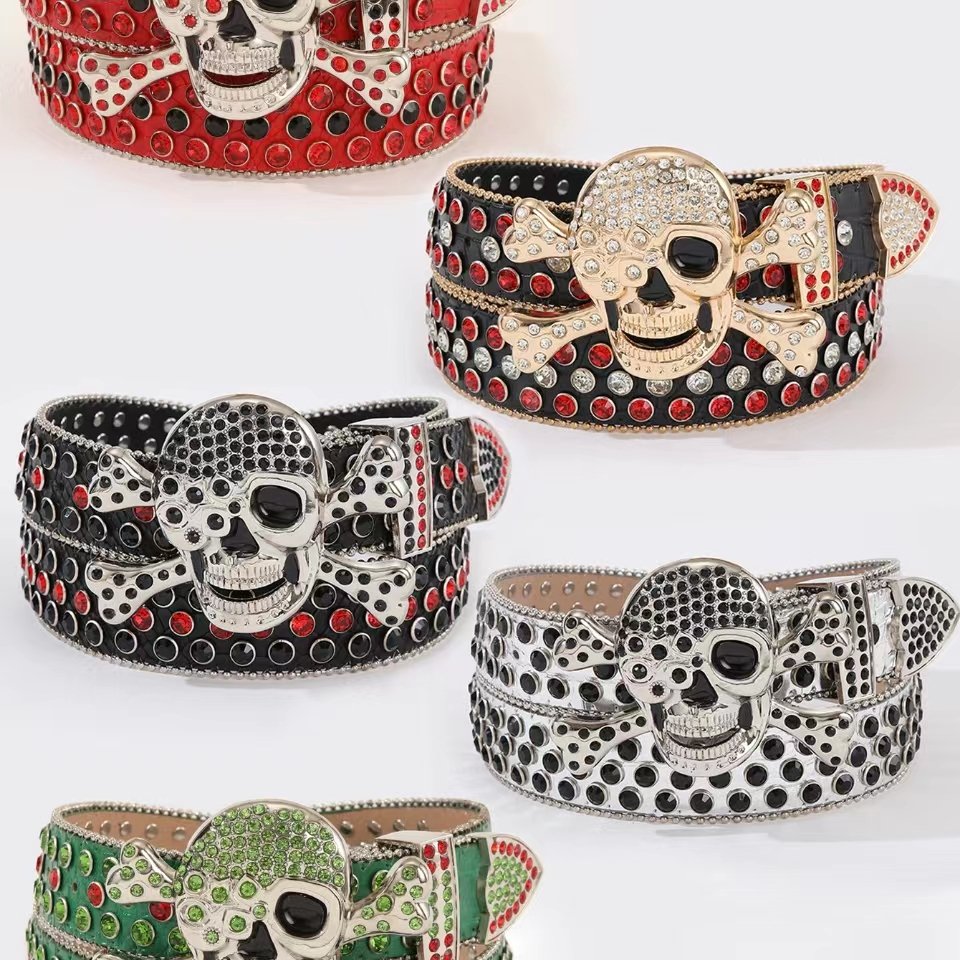 Big skull Western Diamond Crystal Belt men inlaid rhinestone belt personalized trend hip-hop punk style fashion belts for ladies