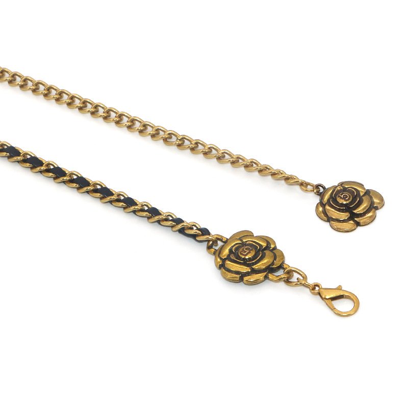 Popular Camellia Chain Belt Vintage PU Leather Metal Belt Adjustable Ladies Waist Chain Designer Leather Belts Cadena De Cintura