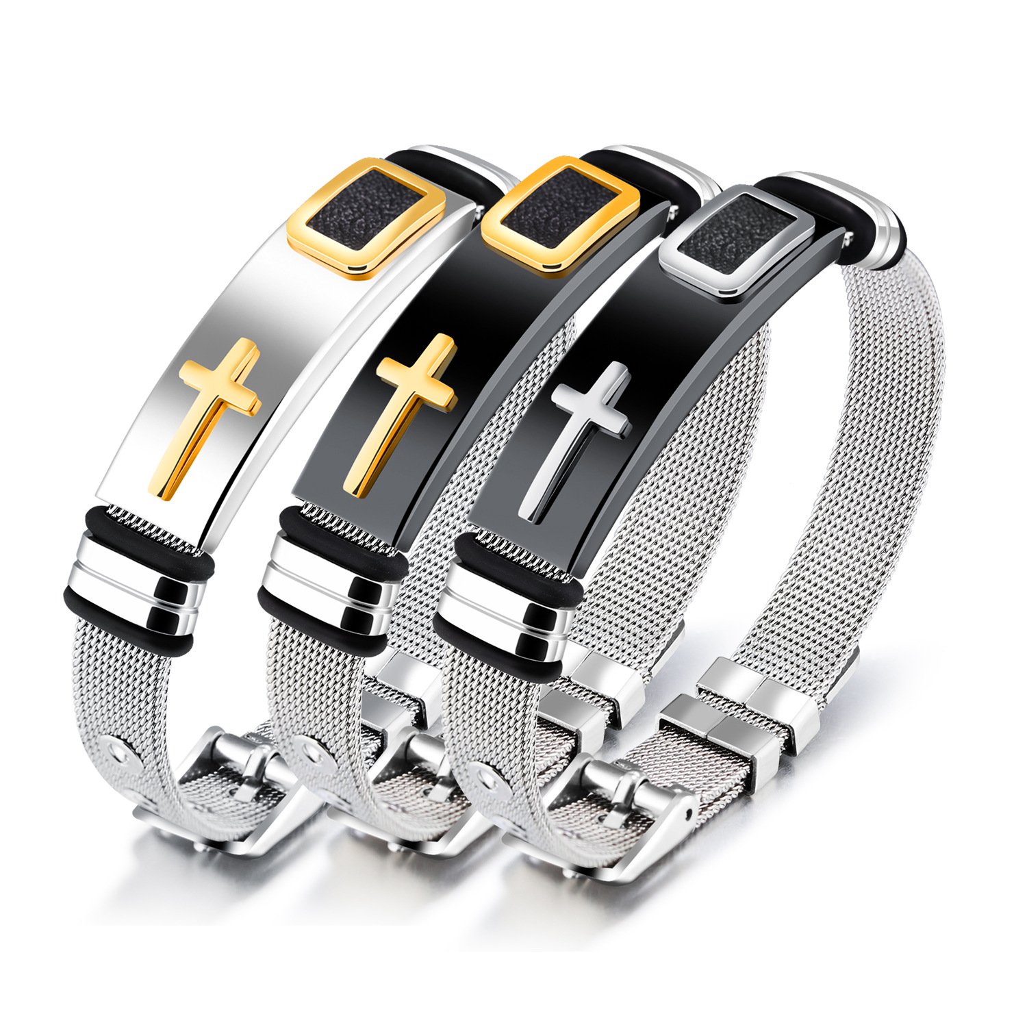 Custom Logo Unisex Band Mesh Strap Belt Buckle Classic Titanium Cross Stainless Steel Adjustable Bracelet For Men