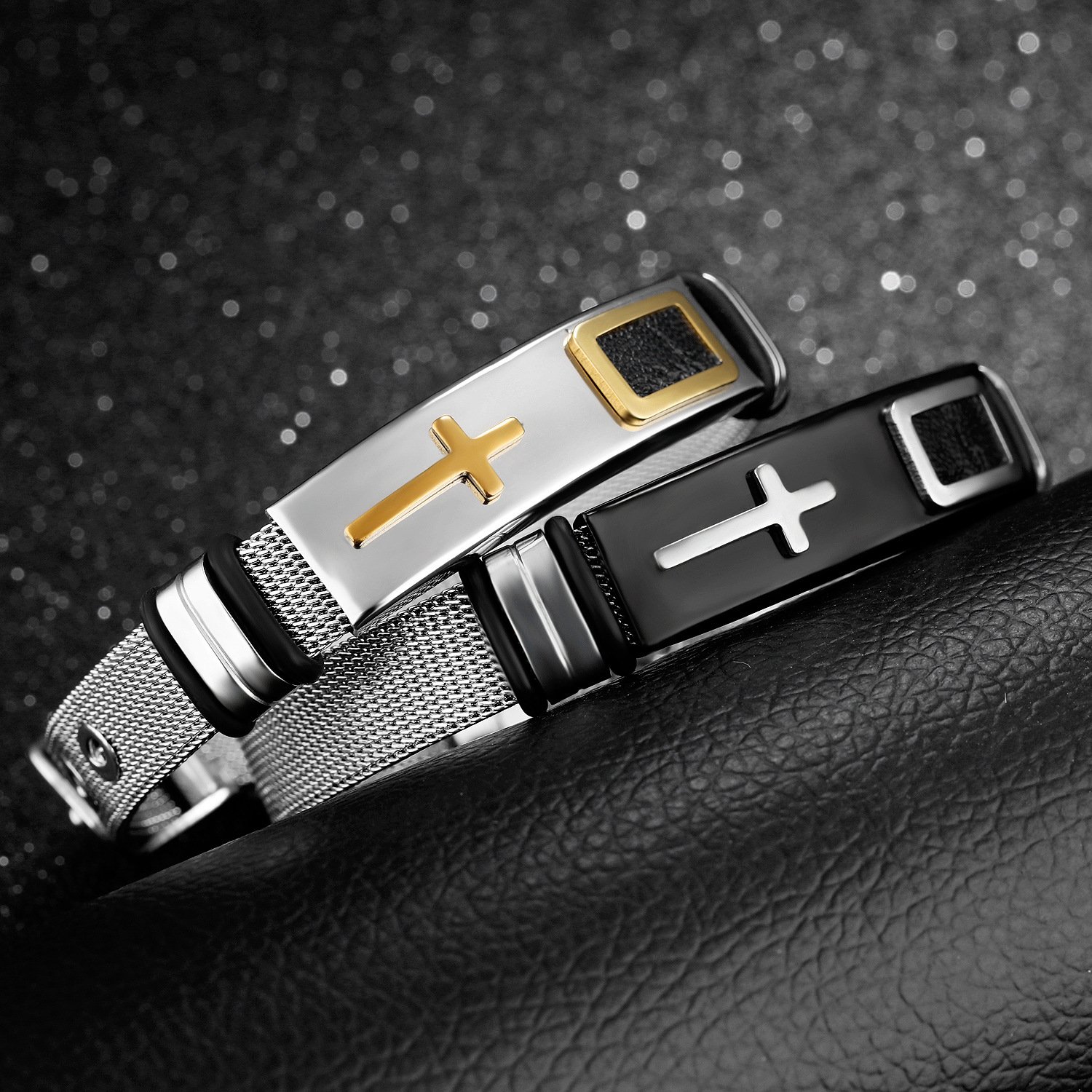 Custom Logo Unisex Band Mesh Strap Belt Buckle Classic Titanium Cross Stainless Steel Adjustable Bracelet For Men