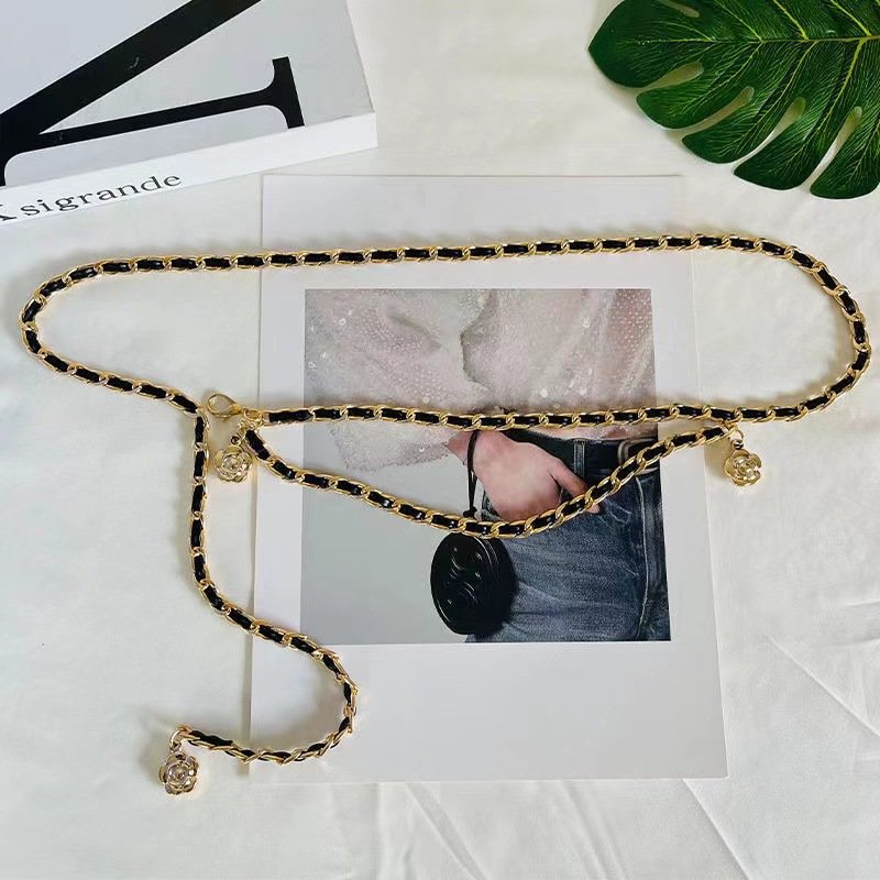Metal Chain Waist Women's Summer Dress With Denim Elegant Embellished Accessories Woven Leather Belt