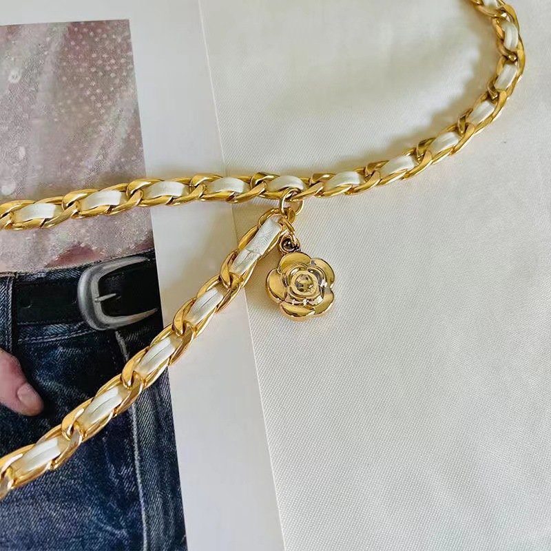 Metal Chain Waist Women's Summer Dress With Denim Elegant Embellished Accessories Woven Leather Belt