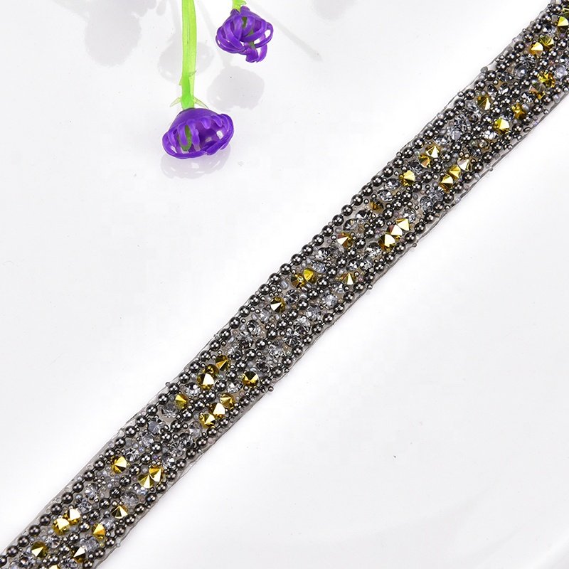 Customized 2 Rows Rhinestone Applique With Metal Beads Chain Hot Fix Trim Iron On Belt Clothing DIY Accessories Crystal Banding