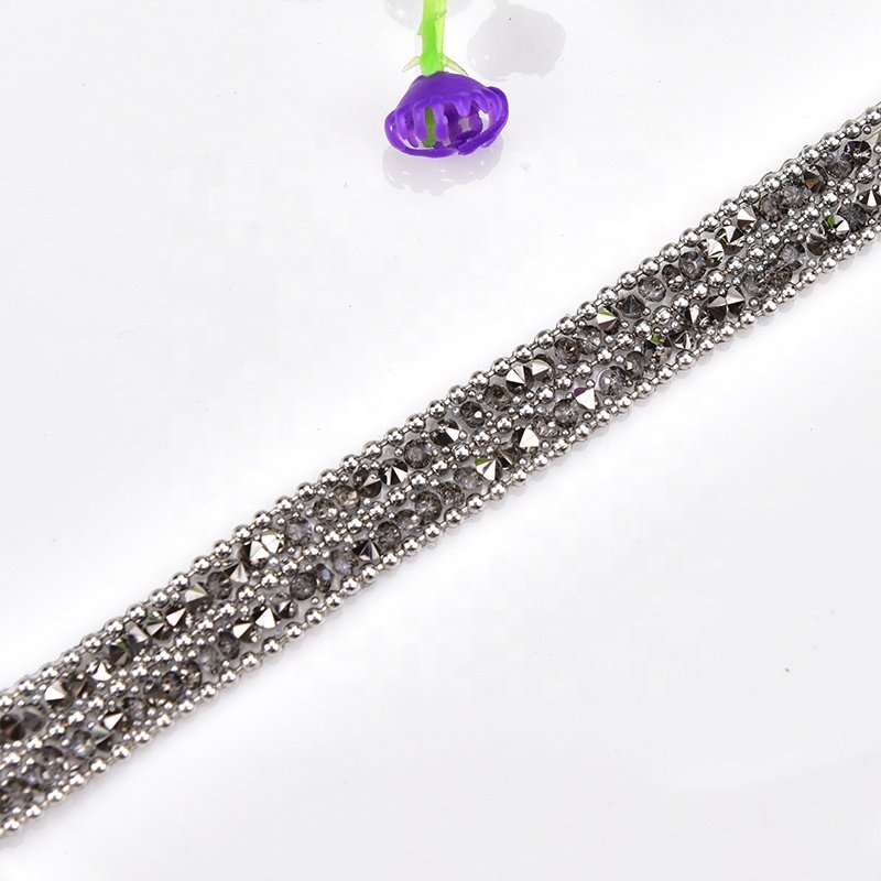 Customized 2 Rows Rhinestone Applique With Metal Beads Chain Hot Fix Trim Iron On Belt Clothing DIY Accessories Crystal Banding