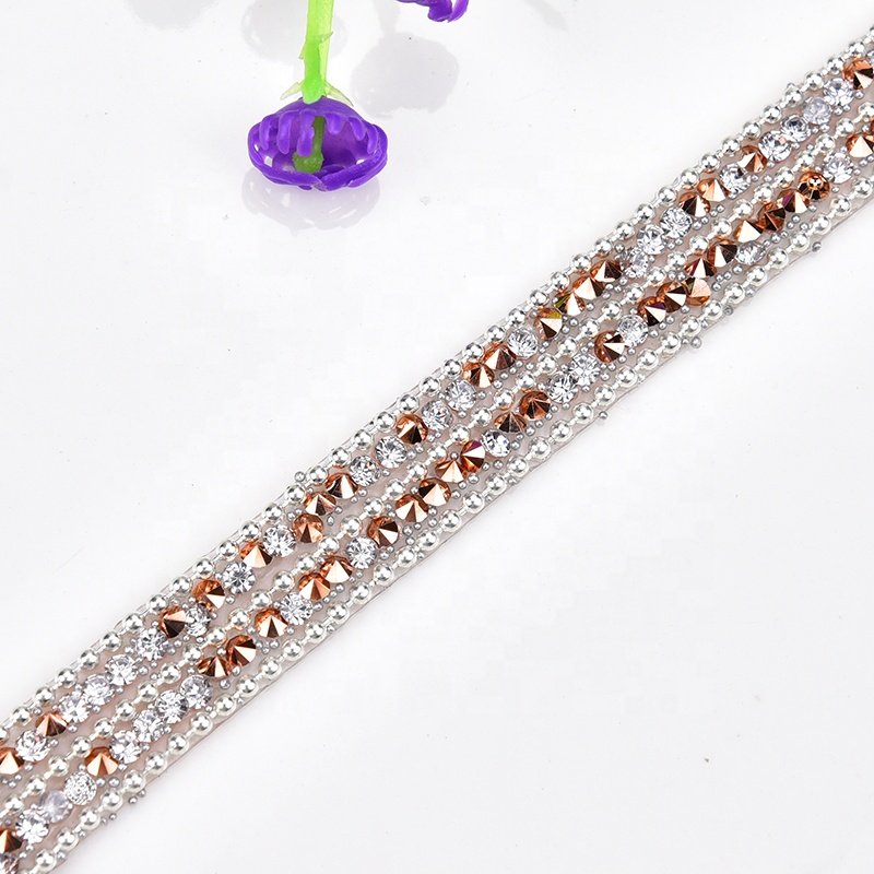 Customized 2 Rows Rhinestone Applique With Metal Beads Chain Hot Fix Trim Iron On Belt Clothing DIY Accessories Crystal Banding