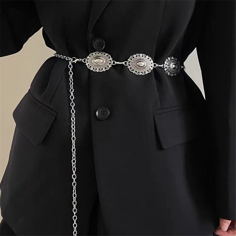 115cm Western Metal Concho Belt for Women Cowgirl Boho Waist Chain Belt for Dresses Jean Pants - Vintage Oval Concho Body Chian