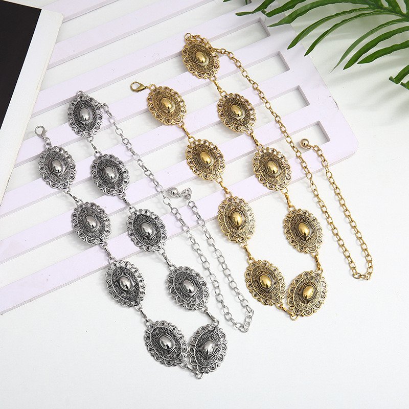 115cm Western Metal Concho Belt for Women Cowgirl Boho Waist Chain Belt for Dresses Jean Pants - Vintage Oval Concho Body Chian