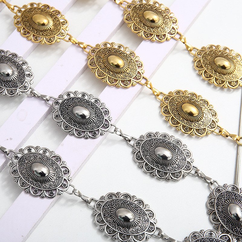 115cm Western Metal Concho Belt for Women Cowgirl Boho Waist Chain Belt for Dresses Jean Pants - Vintage Oval Concho Body Chian