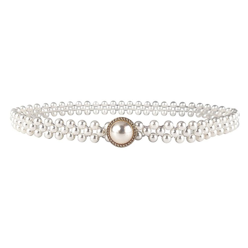 Dynamics Women's Vintage White Pearl Belt Fashion Versatile And Elegant Waistband Elastic Chain With Elastic Band Beads