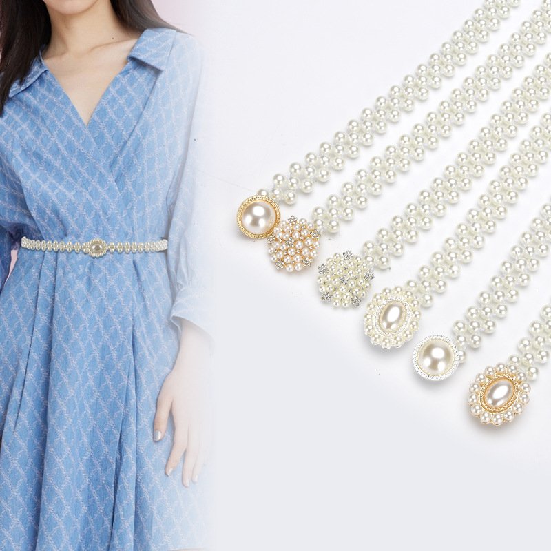 Dynamics Women's Vintage White Pearl Belt Fashion Versatile And Elegant Waistband Elastic Chain With Elastic Band Beads