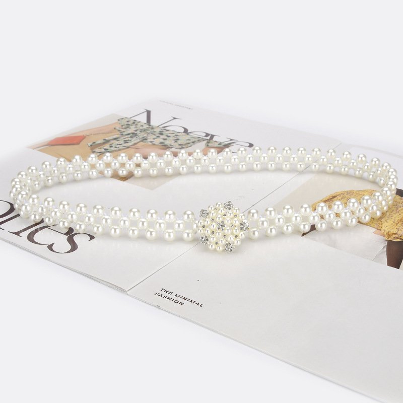 Dynamics Women's Vintage White Pearl Belt Fashion Versatile And Elegant Waistband Elastic Chain With Elastic Band Beads