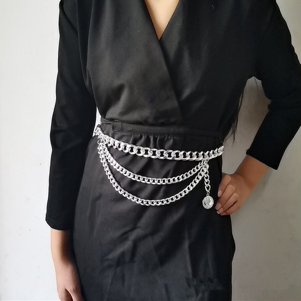 Ladies Geometric Long Belly Waist Chain Belt For Women Fashion Female Personality Metal Gold Circle Chain Belt For Dress