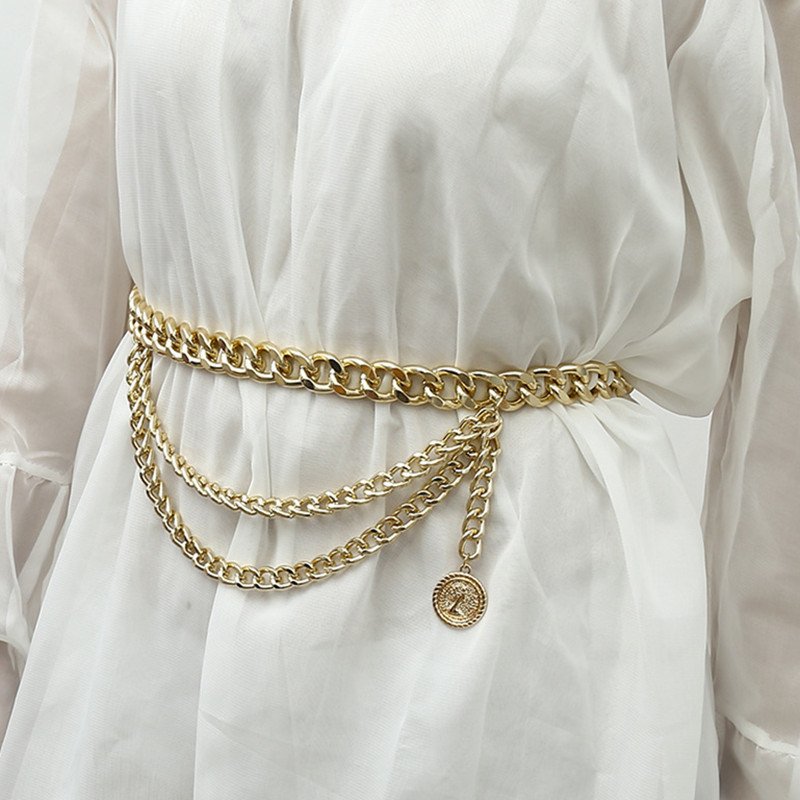 Ladies Geometric Long Belly Waist Chain Belt For Women Fashion Female Personality Metal Gold Circle Chain Belt For Dress
