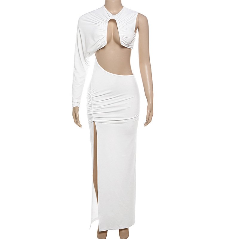 STOCK One Shoulder Long Sleeve Autumn Women Dress Cut Out Bodycon Maxi Dress Beachwear