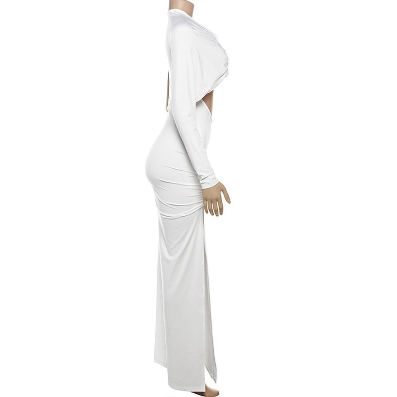 STOCK One Shoulder Long Sleeve Autumn Women Dress Cut Out Bodycon Maxi Dress Beachwear