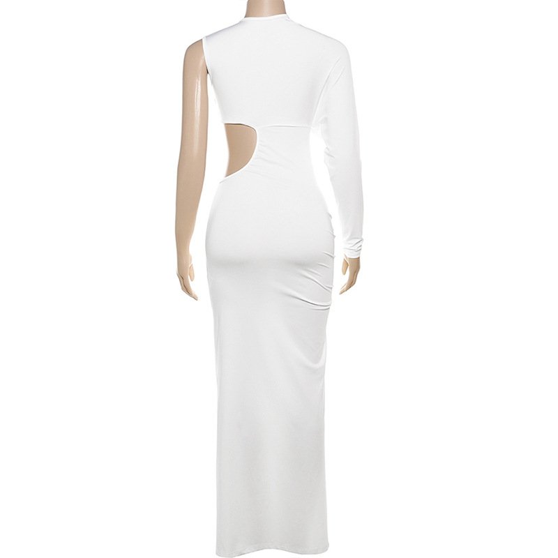 STOCK One Shoulder Long Sleeve Autumn Women Dress Cut Out Bodycon Maxi Dress Beachwear