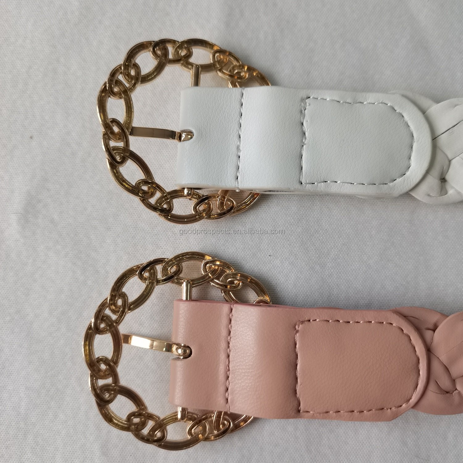 Hot Selling Women PU Leather Belt With Gold metal chain Braid belt with Prong Buckle Fashion Lady Woven belt