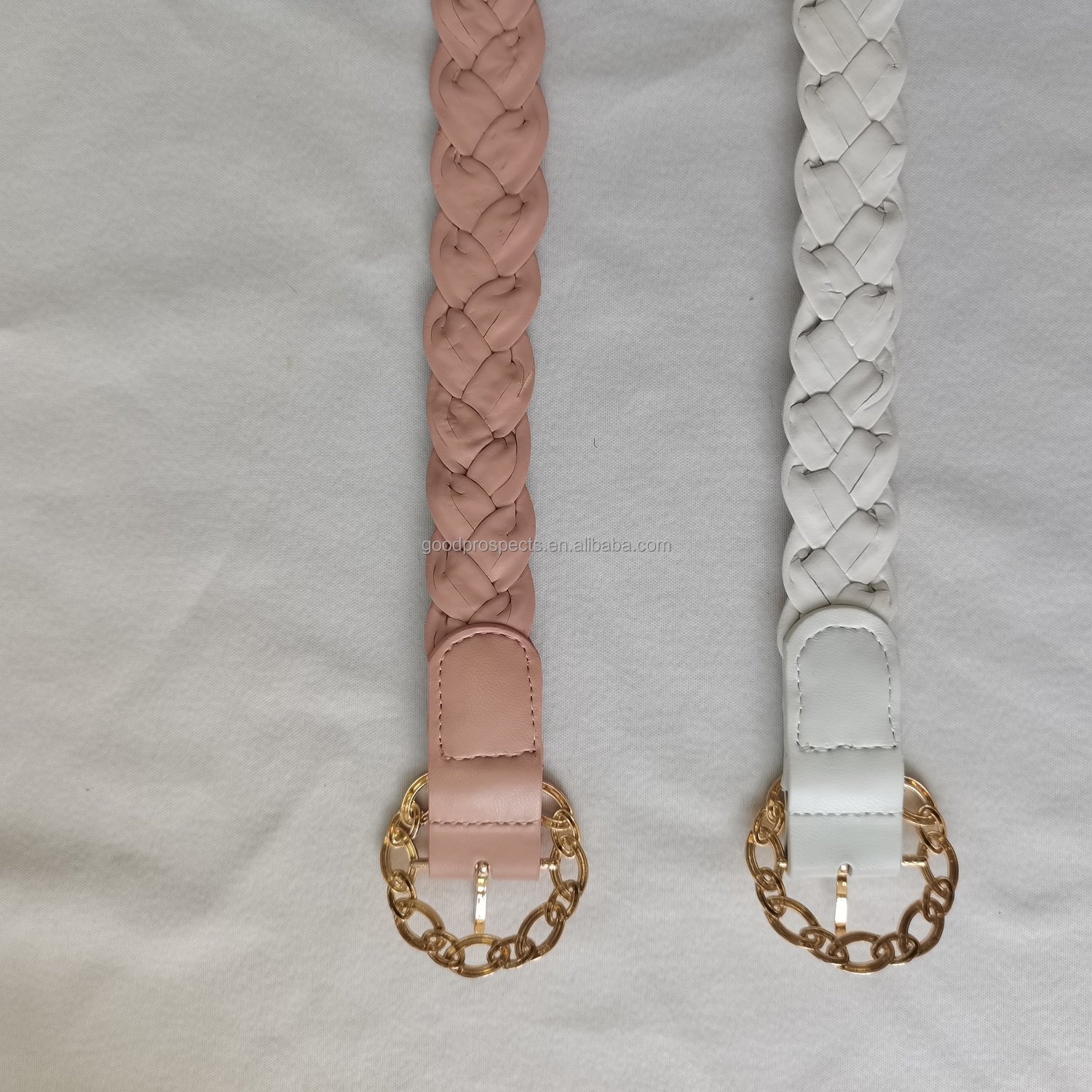 Hot Selling Women PU Leather Belt With Gold metal chain Braid belt with Prong Buckle Fashion Lady Woven belt