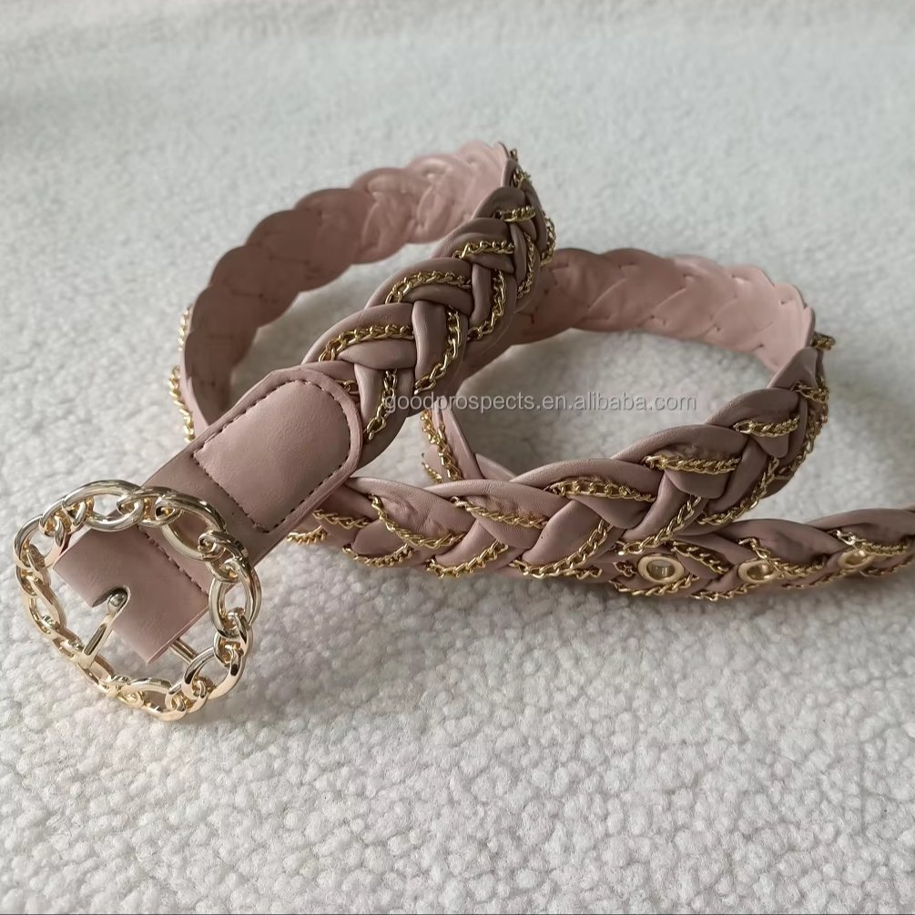 Hot Selling Women PU Leather Belt With Gold metal chain Braid belt with Prong Buckle Fashion Lady Woven belt