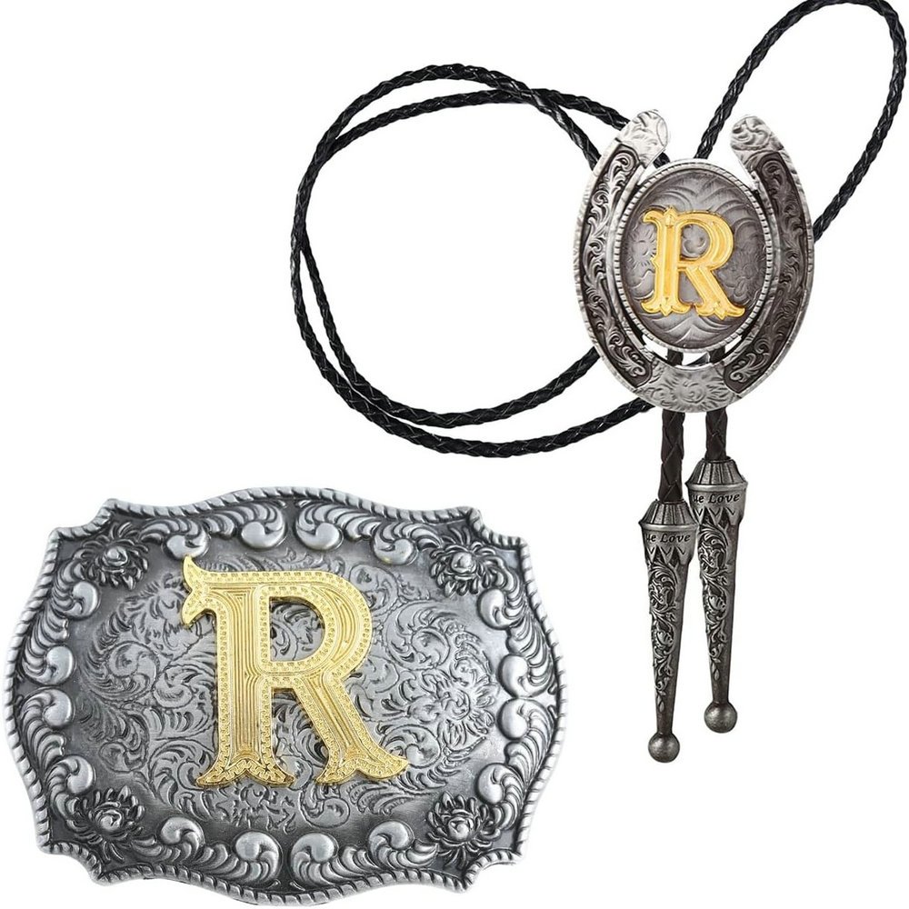 Classic Men's Alphabet 2 pieces Western Belt Buckle and Bolo Tie Combo Metal Accessories Set