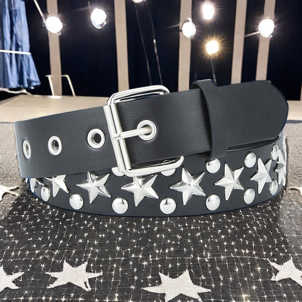 2024 New European American Trend Western Cowboy Punk Belt for Ladies PU with Pin Buckle Rivet Pyramid Five-Pointed Star Design