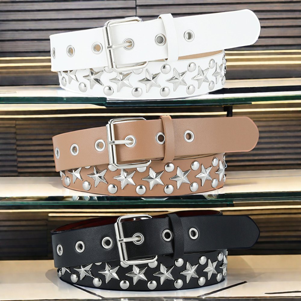 2024 New European American Trend Western Cowboy Punk Belt for Ladies PU with Pin Buckle Rivet Pyramid Five-Pointed Star Design