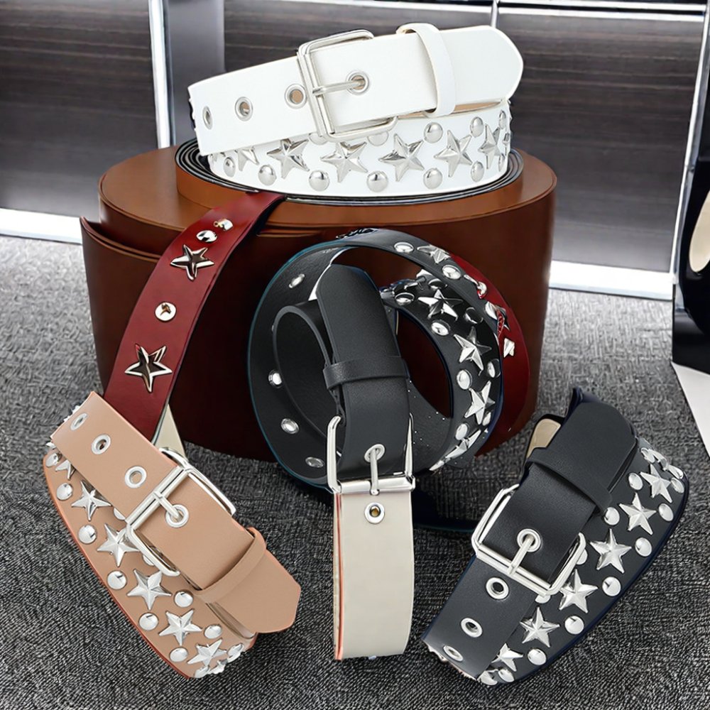 2024 New European American Trend Western Cowboy Punk Belt for Ladies PU with Pin Buckle Rivet Pyramid Five-Pointed Star Design