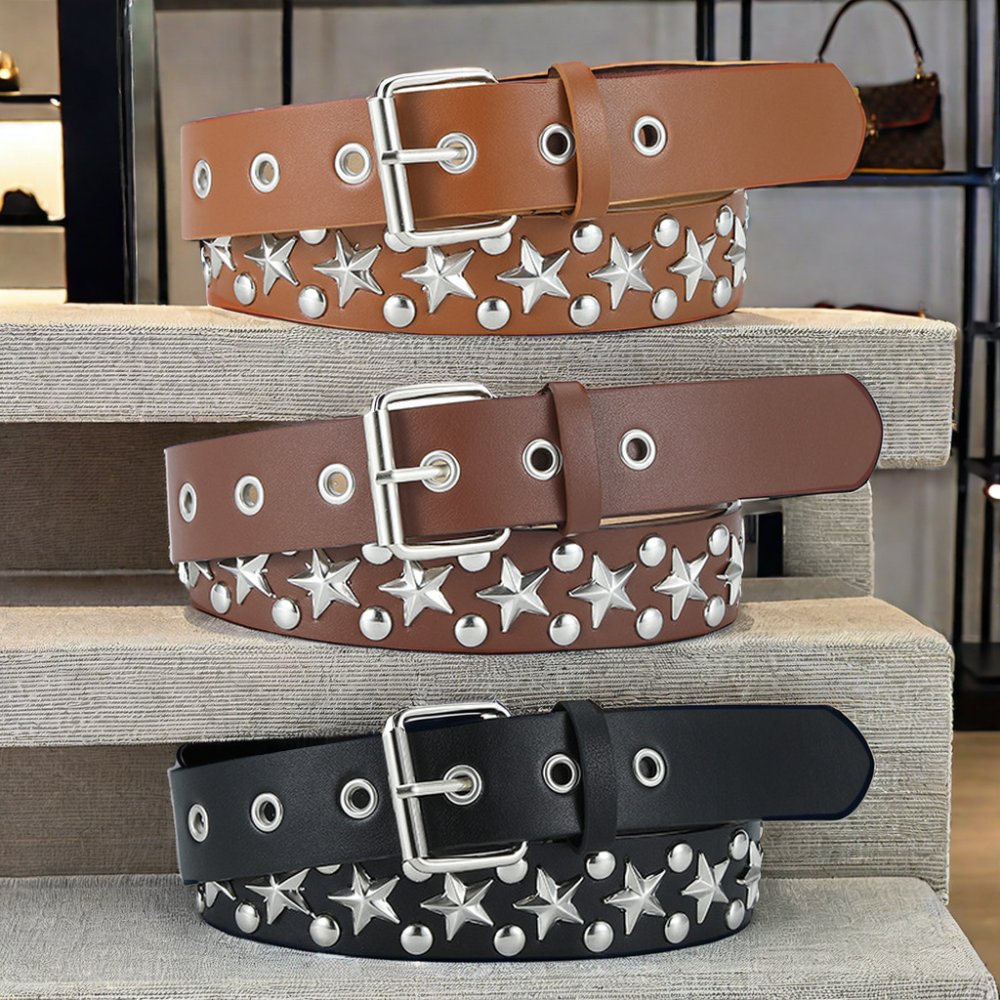 2024 New European American Trend Western Cowboy Punk Belt for Ladies PU with Pin Buckle Rivet Pyramid Five-Pointed Star Design