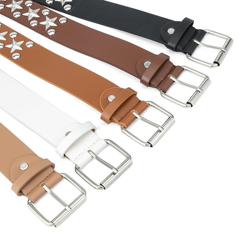 2024 New European American Trend Western Cowboy Punk Belt for Ladies PU with Pin Buckle Rivet Pyramid Five-Pointed Star Design